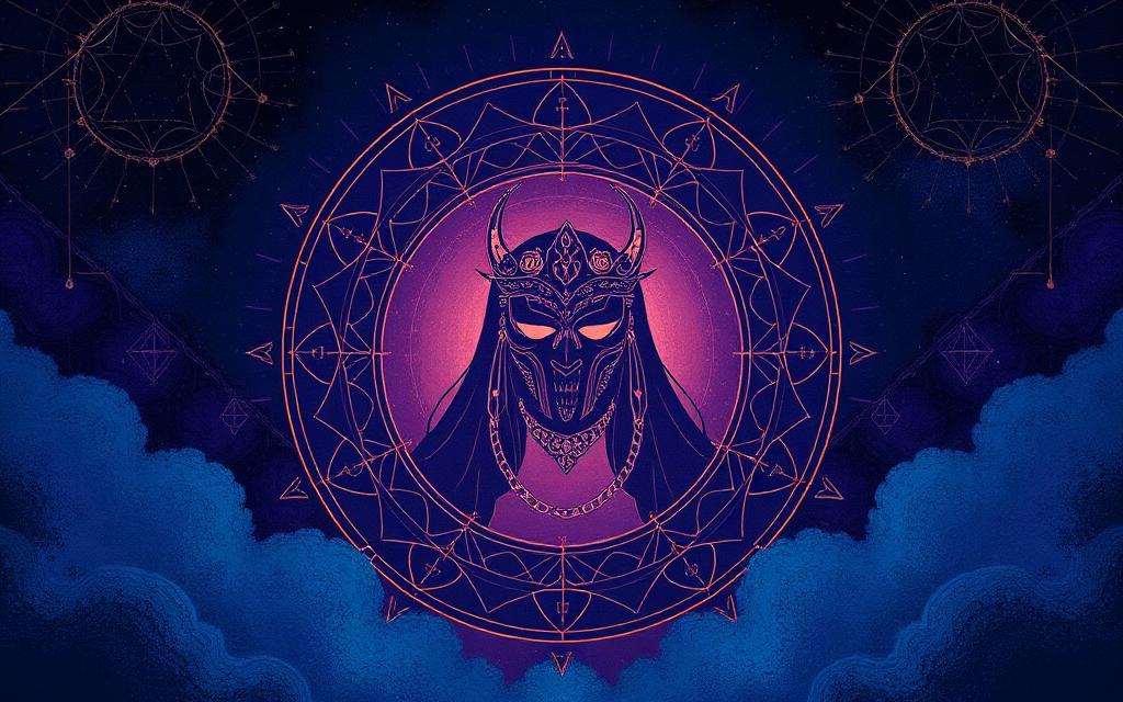 A masked archetypal figure inside a circle of alchemical symbols