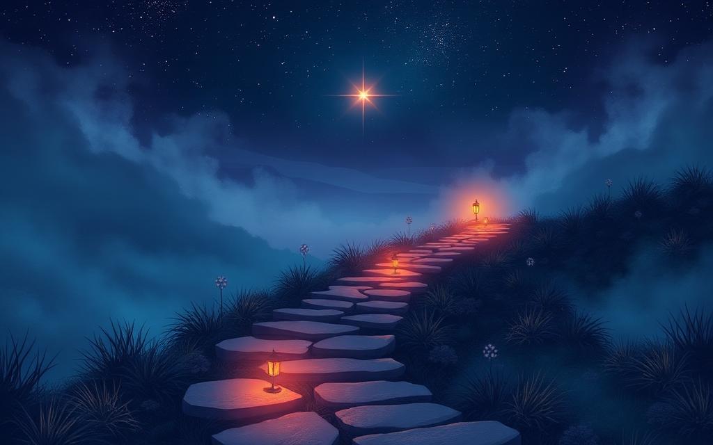 A lantern-lit stone path winding through night mist toward a bright star