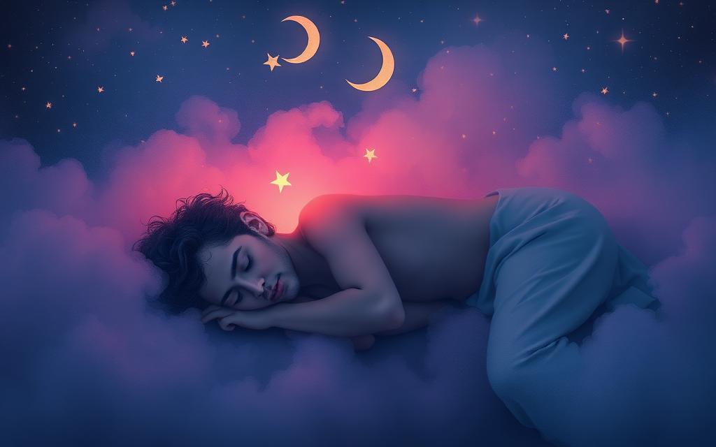 A sleeping figure surrounded by dream mist, stars and a crescent moon