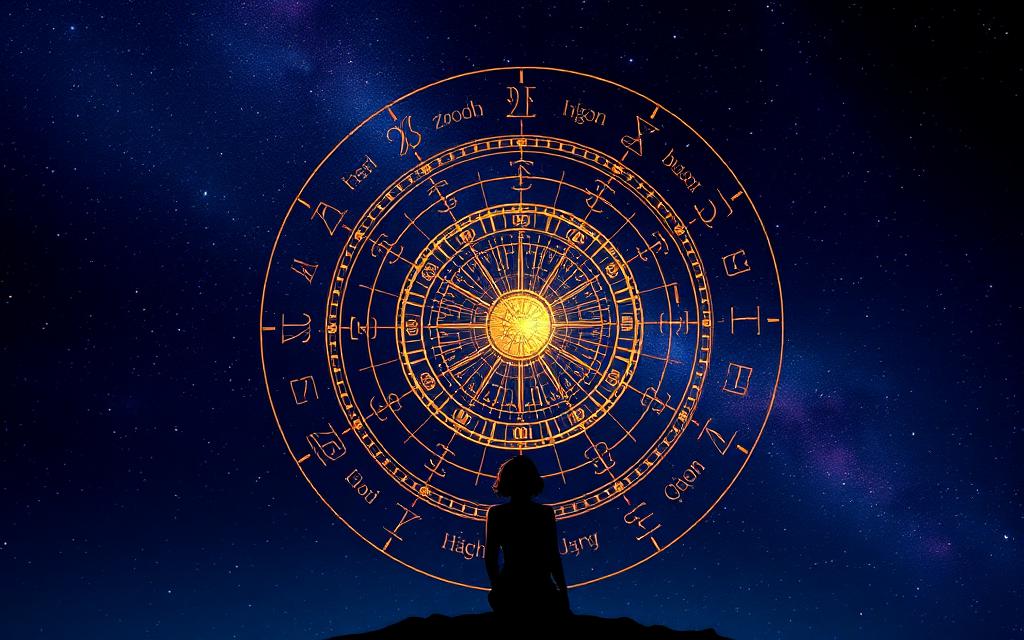 A golden zodiac wheel of constellations above a figure watching the night sky