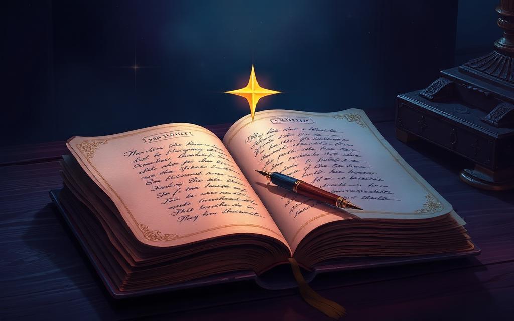 An open antique journal with a quill and a small glowing star above it