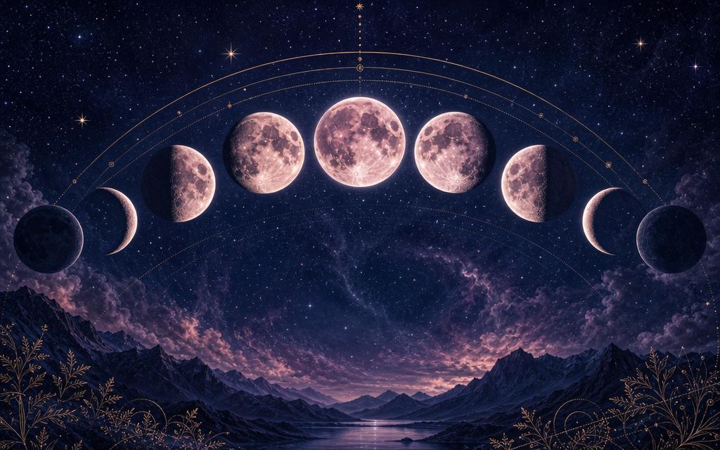 An arc of eight moon phases from new moon to full moon over a night landscape