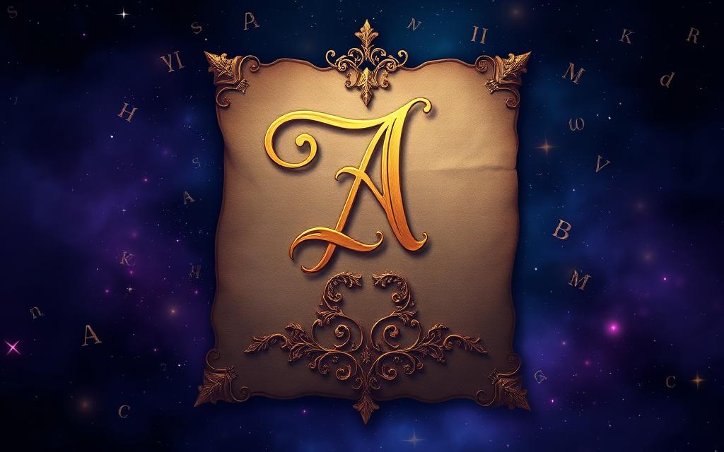 An ornate golden initial letter on parchment surrounded by floating letters