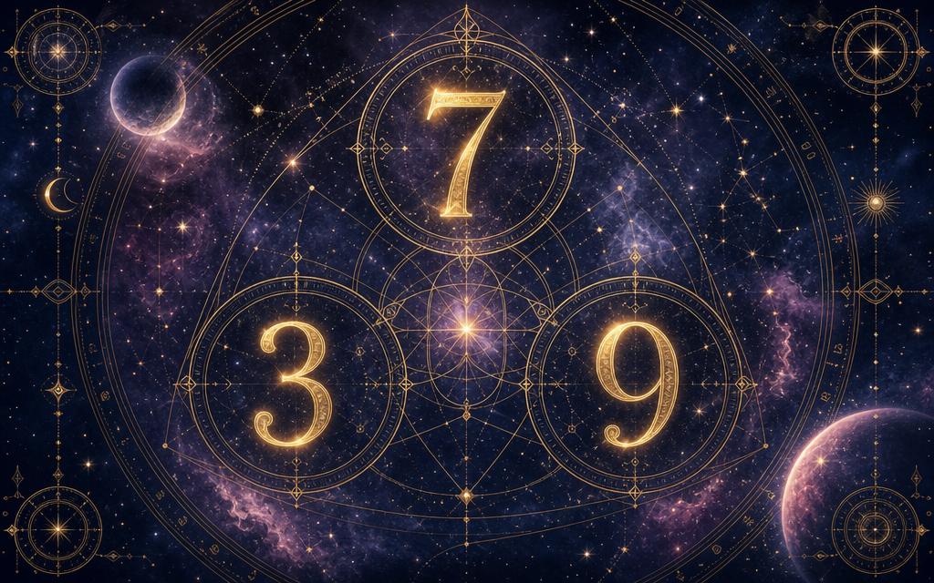 The numbers three, seven and nine drawn in gold inside sacred geometry circles