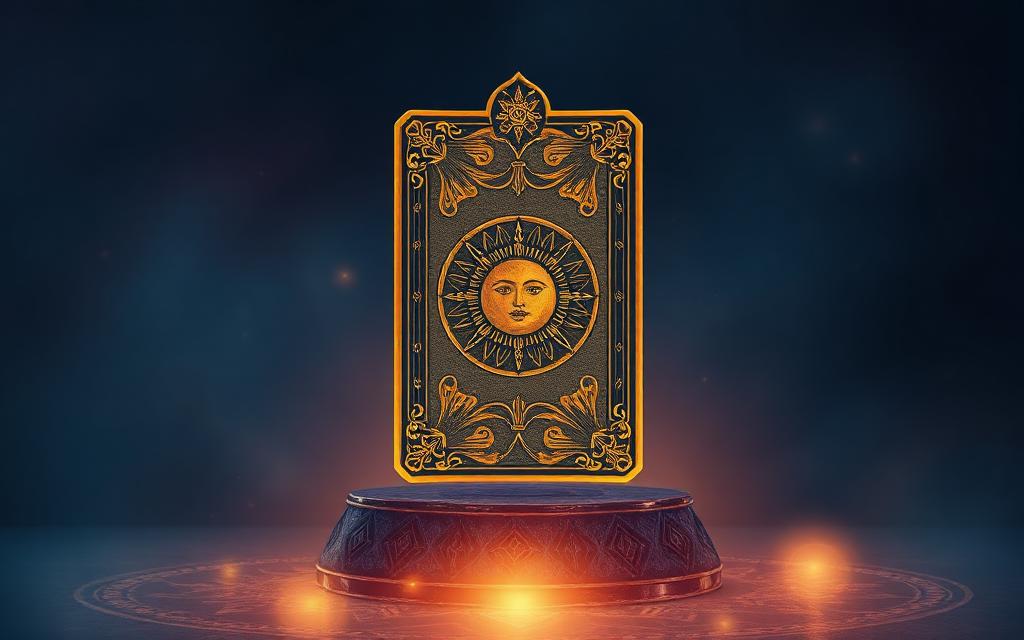 An ornate tarot card glowing on a dark altar beneath a starlit sky