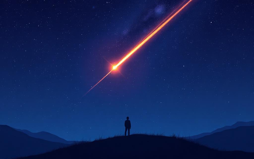 A person on a hilltop watching a shooting star trail across the night sky